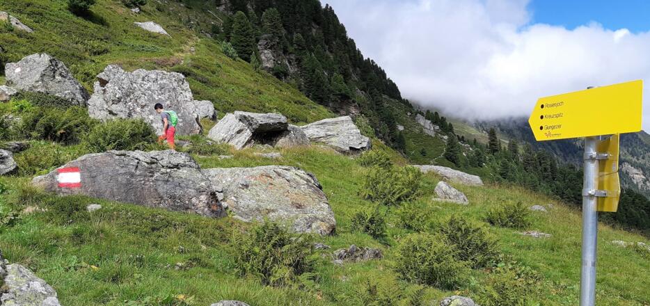 Zum ersten Mal ist das Rosenjoch angeschrieben. Der schwarze Punkt klassifiziert ihn als &quot;schwierigen Bergweg&quot;.