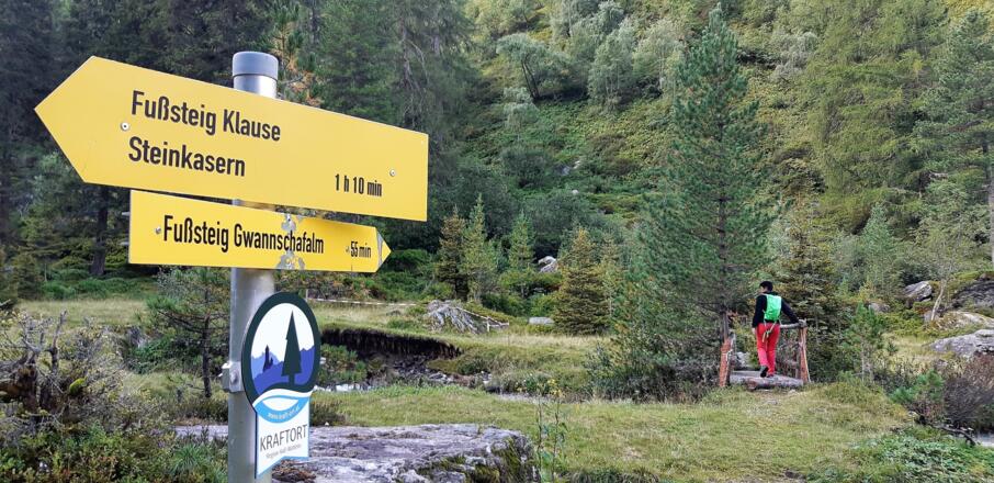 Die Gwannschafalm, unser nächstes Ziel. Über die Brücke, dann gleich links.