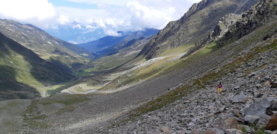 ... das weite Kar unter dem Sendersjöchl. Zurück der Blick ins Senderstal zum Ausgangspunkt.