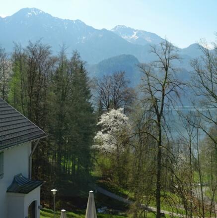 Blick aus dem großen Fenster des Museums auf Herzogstand, Heimgarten und Kochelsee
