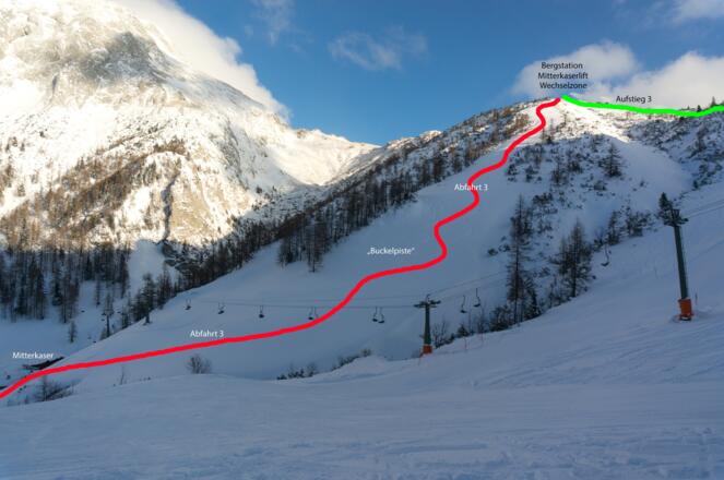 Abfahrt über die Buckelpiste zum Mitterkaser