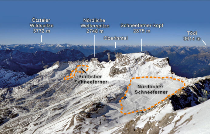 Die spärlichen Reste des einst mächtigen Partnachgletschers: der Südliche und Nördliche Schneeferner