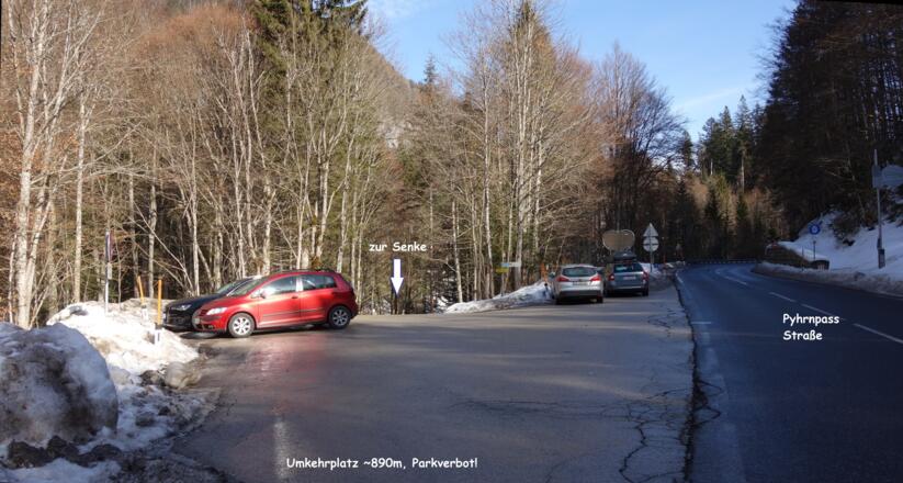 Umkehrplatz ~890m, hier links ab von der Pass-Straße