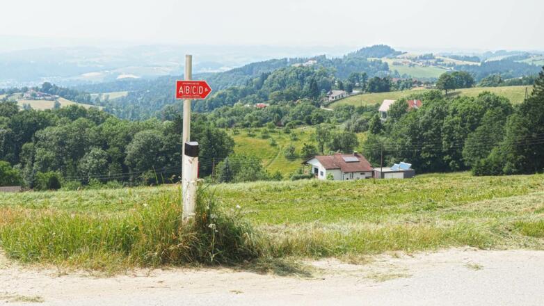 Wegweiser im Bereich des Köglerhofs. Im Hintergrund das Hügelland des unteren MÜhlviertels