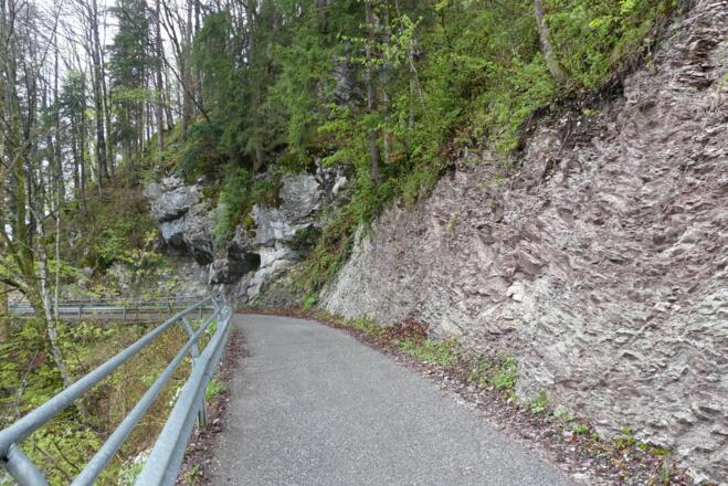 Alpiner Muschelkalk (links) - Überschiebungsbahn - Oberjura-Gesteine (rechts)