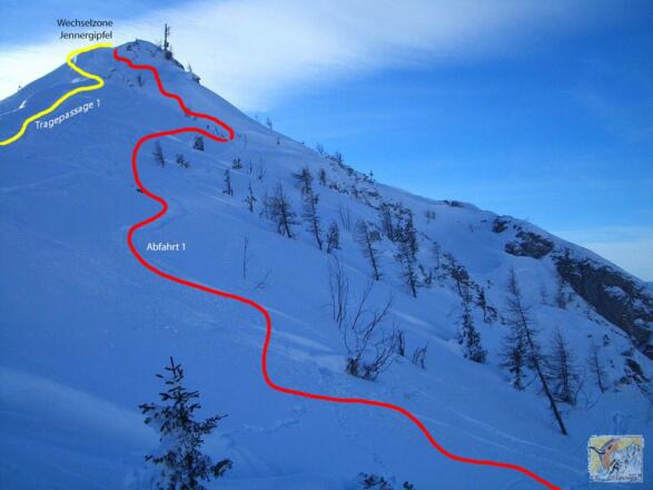 oberste Abfahrt vom Jennergipfel in den Gr. Spinnergraben