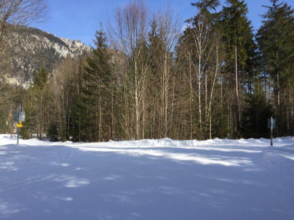 Links zum Parkplatz in Graswang, gerade weiter zur Dickelschwaigrunde.