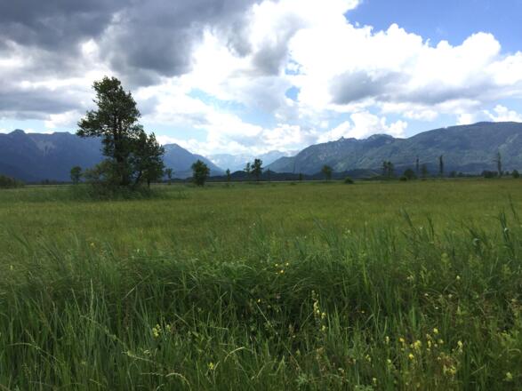 Start beim Ähndl, Murnauer Moos mit Zugspitze im Hintergrund
