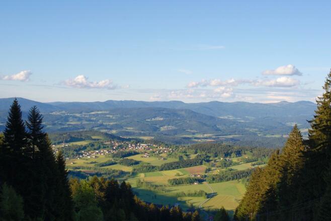 Blick vom Pröller-Nordhang nach Kollnburg und Gr. Arber