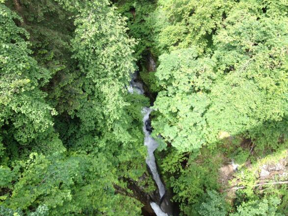 Tief unten in der Schlucht fliest der Tuxbach.