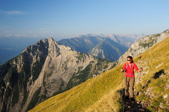 Durch südseitige Grasflanken steigt der Weg zum Vorderen Sonnwendjoch auf.