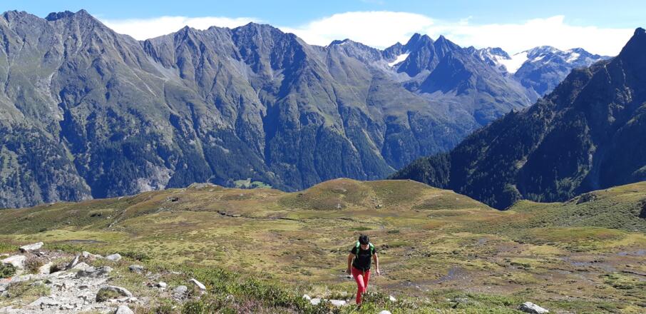 Noch einige kleine Geländestufen vor der Abzweigung Hahlkogel - Wartkogelsee (im Hintergrund v.l.n.r. die Dreitausender Legenkogel, Toningkogel, Muschenspitz und Murkarspitz, ganz rechts der Wütenkarferner).