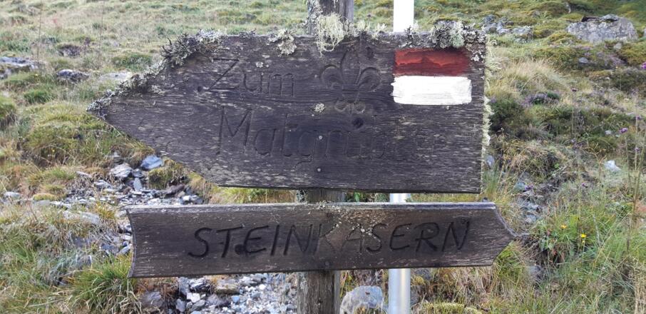 Die verwitterte Wegetafel lässt auf einen eher selten begangenen Steig schließen.