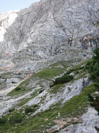 Pfadspur oberhalb der Latschenzone (Einstieg markiert)