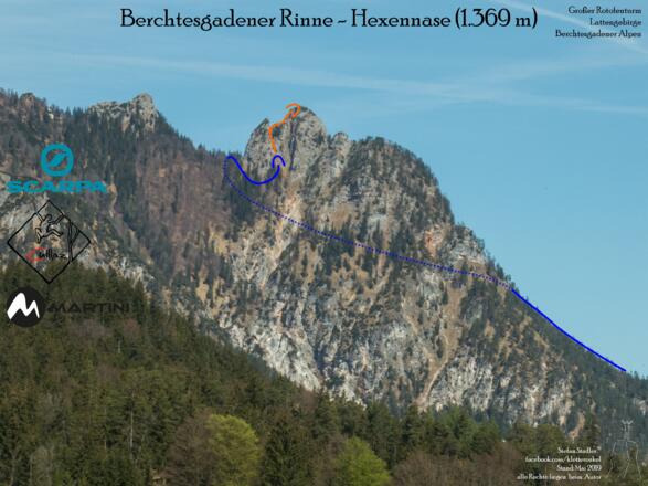 Hexennase - Topo, Übersichtsbild Berchtesgadener Rinne auf den großen Rotofenturm