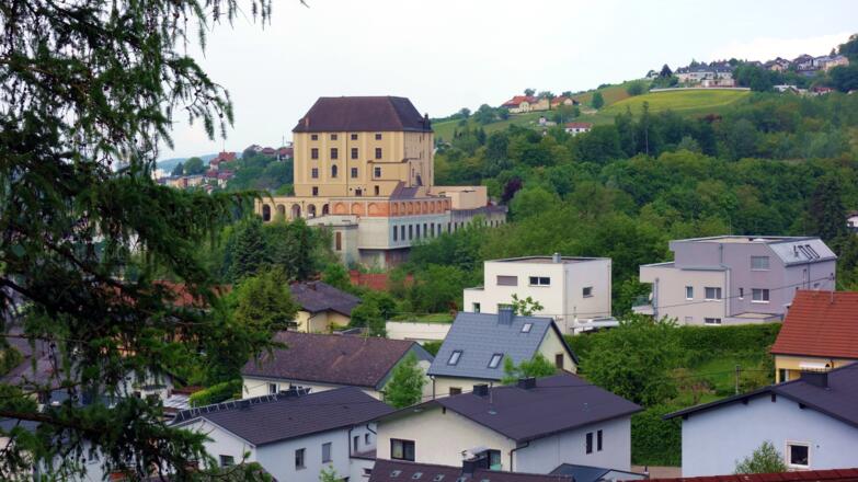 Schloss Steyregg, von der Bergstraße um 300m
