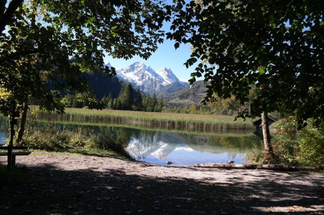 Blick vom Almsee ins frisch verschneite Tote Gebirge.