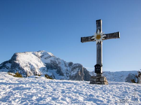 Gipfelkreuz mit hohem Göll im Hintergrund.