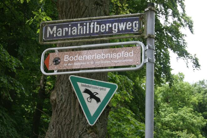 Wegweiser zum Bodenerlebnispfad - Folgen Sie dem Maulwurf