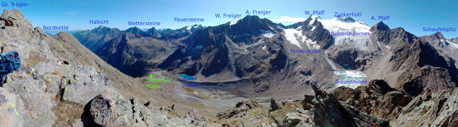 Panoramablick vom Großen Trögler, vom Gipfelkreuz ist das Sulzenautal nicht einsehbar