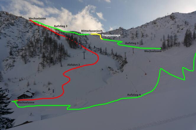 Aufstiege und Abfahrten im Mitterkaserkessel