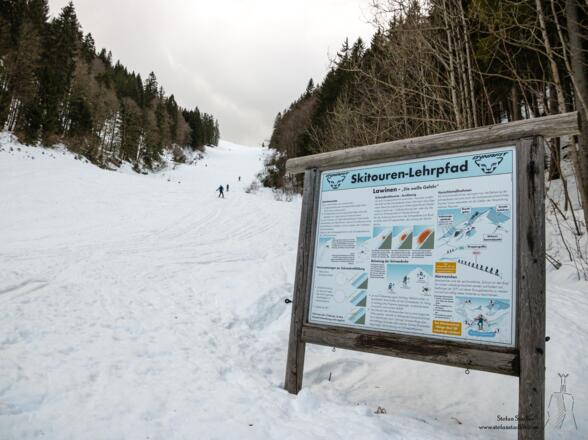 Die Schilder des Skitouren-Lehrpfad zieren den Weg.