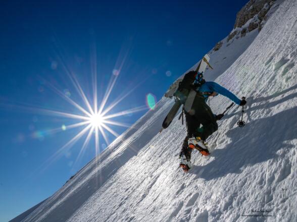 Crux: Die harte Querung am Ausstieg.