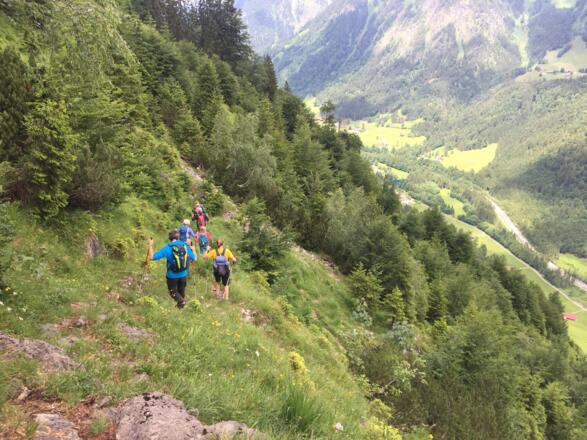 nach der langen Querung geht es steil ins Trettachtal hinab