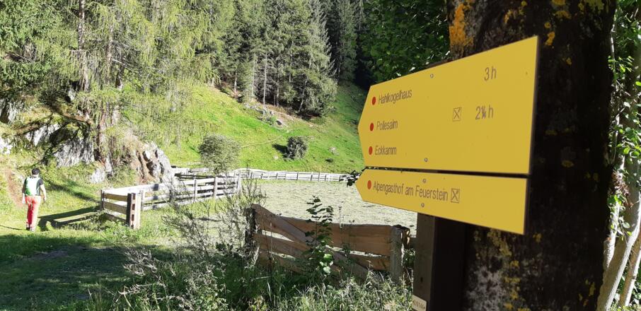 Hinweisschild, wenn man beim Pavillon parkt und startet. Den Gasthof Am Feuerstein erreichen wir nicht, ca. 600 m vorher zweigen wir rechts ab.
