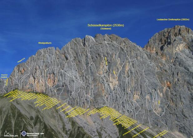 Gesamtübersicht der Routen an der Schüsselkar Südwand