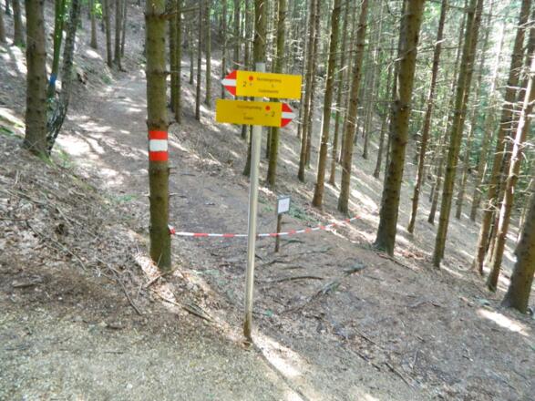 Wegtafel beim Abstieg, wo der neue Nomberger-Steig auf den alten trifft.