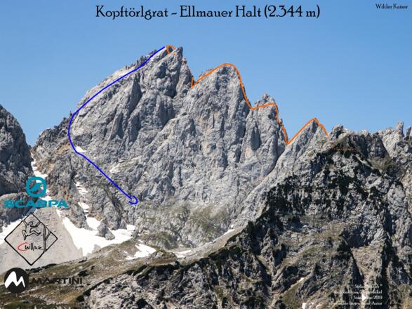 Kopftörlgrat auf die Ellmauer Halt im Wilden Kaiser - Übersichtsbild der Klettertour