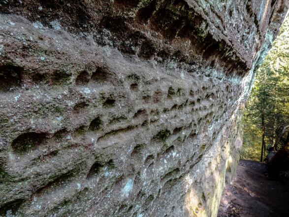 entlang senkrechter Sandsteinwände mit Bröckellöcher