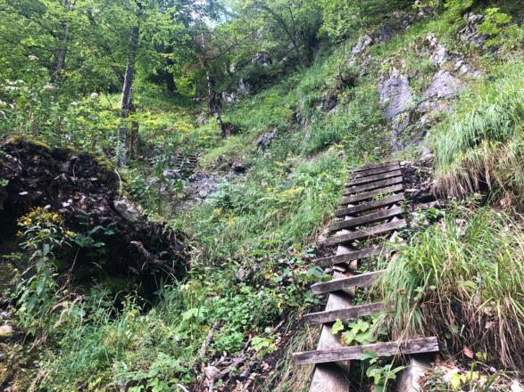 Sagerecksteig mit (oft nassen und rutschigen) Leitern