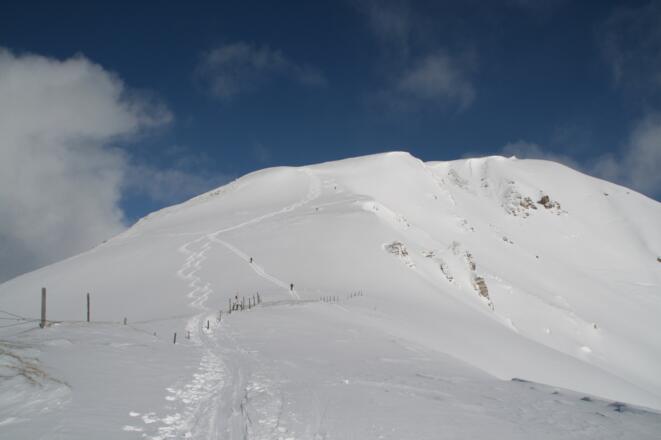 Nach der Felsnase flacht sich das Gelände kurz ab, bevor sich der letzte steile Hang hinauf in Richtung Gipfel zieht.