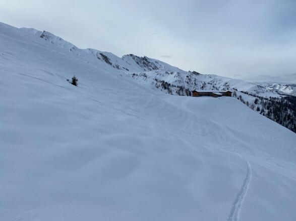 Vorbei an der Möslalm, quert man in südlicher Richtung bis zum Beginn der markanten Mulde.