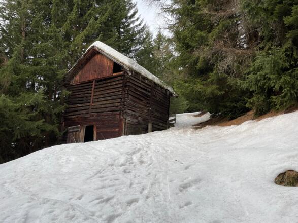Am Traktorweg passiert man einen alten Stadel. Kurz danach geht es rechterhand über die Lichtung bergan.