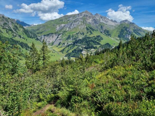 Abstieg Richtung Stuben mit Blick zur Flexengalerie