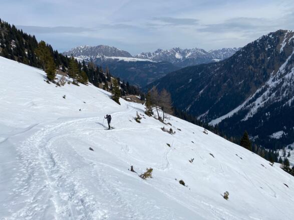 Die Hänge sind bis zum letzten Drittel nie wirklich steil und deshalb ein Genuss beim Anstieg. Hinten links der Eggenkofel und rechts die Lienzer Dolomiten.