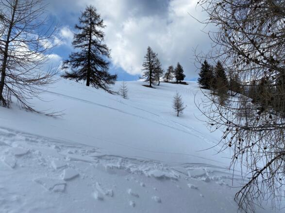 Kurz unterhalb des Pfriemesköpfl. Die Bergstation der Nockspitzbahn ist gerade noch nicht sichtbar.