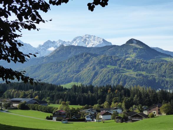 Auf der Sonnenseite des Adneter Riedels mit Blick auf Zinkenkogel (rechts), Roßfeld und Göllmassiv.