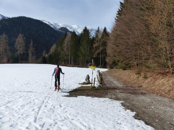 Liegt im Tal bereits zu wenig Schnee, kann zumeist sehr gut am Rand des Güterweges auf die Wiese ausweichen.