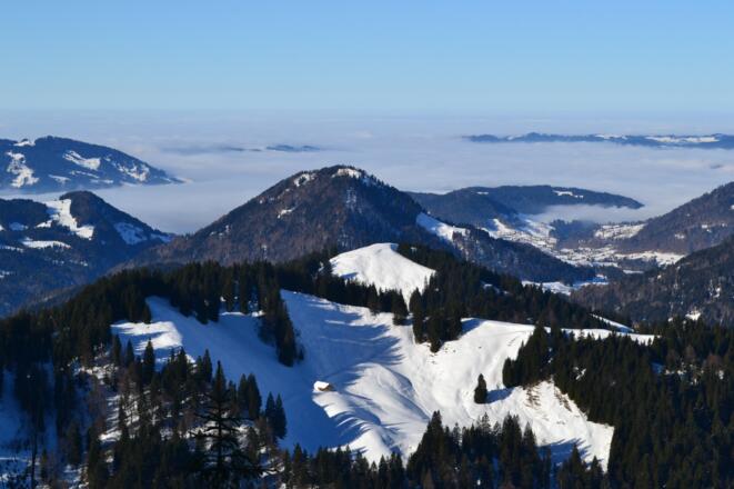 Der Blick vom Feuerstätterkopf reicht bis zum von Wolken bedeckten Bodensee.