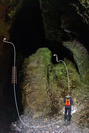 Obstanser Eishöhle, Gabelung in den linken und den rechten Ast.