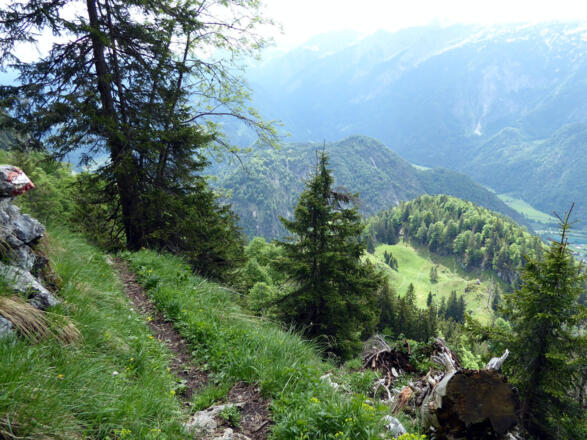 Der abschließende Felssteig mit Tiefblick auf die Lehngriesalm.