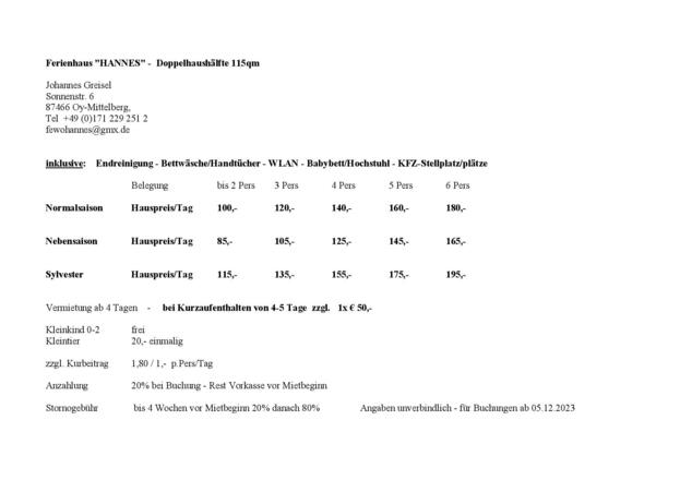 Preisübersicht - unverbindlich