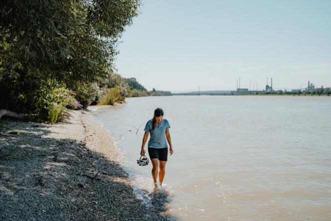 Radfahrerin an der Donau Linzer Riviera