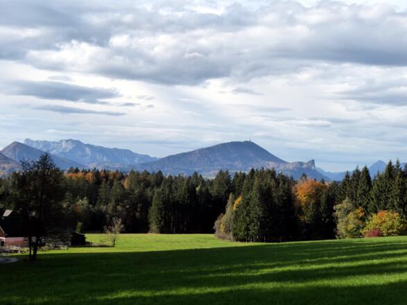 Drei vertraute Gestalten: links der Untersberg, in der Mitte Gaisberg und Nockstein.