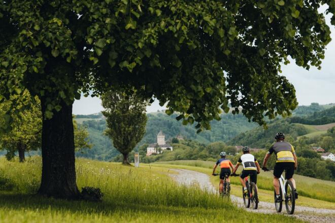 Mountainbiker fahren zum Schloss Neuhaus