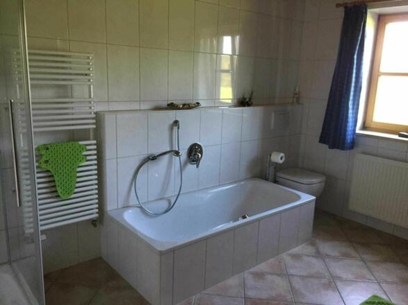 Badezimmer mit Dusche, Badewanne, WC und Waschtisch mit Spiegelschrank